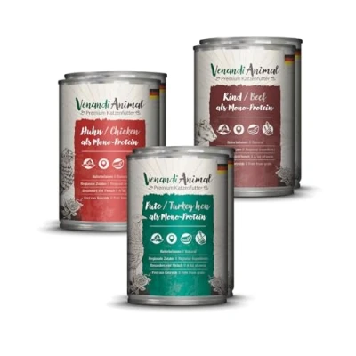Abbildung von Venandi Animal Premium Nassfutter für Katzen, Probierpaket Huhn, Pute, Rind 6 x 400 g (6er Pack), getreidefrei und naturbelassen
