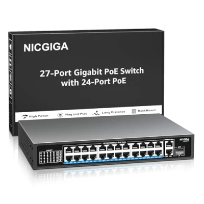 Abbildung von NICGIGA 24 Port Gigabit PoE Switch mit PoE+@300W, 2 Uplink Port, 1 SFP, Robustes Metall für Desktop/Rack Montage, Plug and Play, Unmanaged Power Over Ethernet Switch.