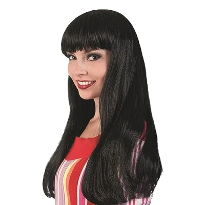 Abbildung von VIKSAUN Natural Straight Perücken mit Haar Pony Schwarze Perücke Hohe Dichte Damen Cosplay Anime Kostüm Party Halloween Kostüm, Fasching Elegante Retro 70er 80er (Schwarz)