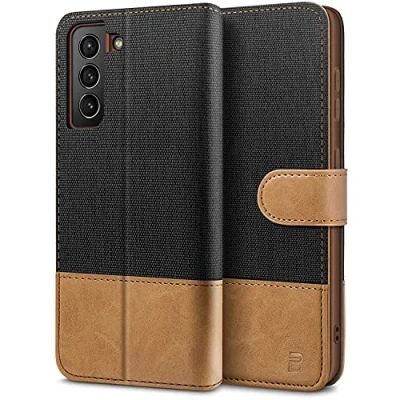 Abbildung von BEZ Handyhülle für Samsung Galaxy S21 Hülle, Tasche Kompatibel 5G / 4G, Schutzhüllen aus Klappetui mit Kreditkartenhaltern, Ständer, Magnetverschluss, Schwarz