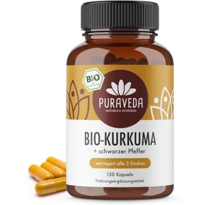 Abbildung von Bio Kurkuma Kapseln hochdosiert (150 Stück) 650mg Curcuma mit Pfeffer Curcumin Piperin Abgefüllt und kontrolliert in Germany Puraveda