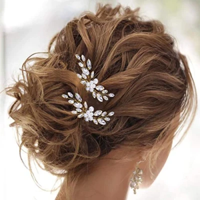 Abbildung von IYOU Braut Haarnadeln Silber Hochzeit Perle Blume Haarnadel Strass Kopfschmuck Haarschmuck für Frauen und Mädchen (2 Stück) (Gold)
