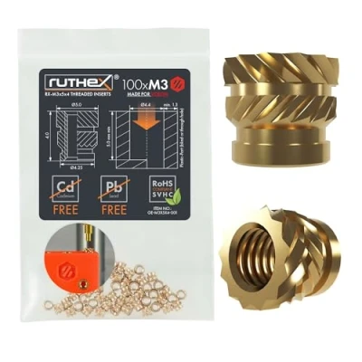 Abbildung von ruthex M3 Gewindeeinsatz VORON 100 Stück RX M3x5x4 Gewindebuchsen aus Messing stabile Einpressmutter für Kunststoffteile durch Wärme in 3D Druck Teile Kunststoff einsetzbar