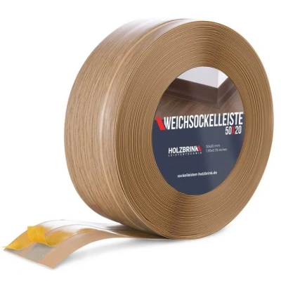 Abbildung von HOLZBRINK Sockelleiste PVC Weichsockelleiste selbstklebend 50x20mm Eiche Hell, 10m Rolle, Küchenabschlussleiste Arbeitsplatte, Fensterleiste, Fensterabdichtung