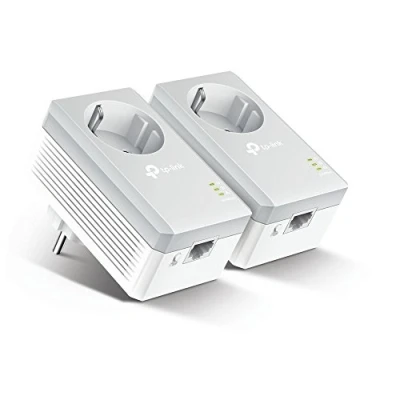 Abbildung von tp link TL PA4010PKIT AV600 Powerline Starter Kit Netzwerk Adapter, 600 Mbit/s, 300 Meter Reichweite, integrierte Steckdose, weiß