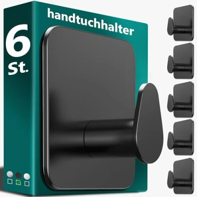 Abbildung von 4smile Handtuchhalter ohne Bohren, schwarz 6er Set Badezimmer Handtuchhalter, ovale Klebehaken aus Edelstahl, wasserfeste Haken für Bad, WC, Küche Hochwertige selbstklebend, Handtuchhaken