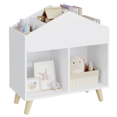 Abbildung von Lestarain Kinderregal Kinderzimmerregal Hausform, Spielzeugregal mit 6 Fächern, Kinder Bücherregal Montessori, aus MDF Massivholzbeinen, 60x64,5x30 cm, Weiß