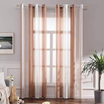 Abbildung von MIULEE Gardinen Gestreift Transparent mit Ösen, Voile Vorhänge Wohnzimmer Modern 2er Set, Vorhang Schlafzimmer Braun Weiss Muster, Halbtransparent Streifen 140X225 CM