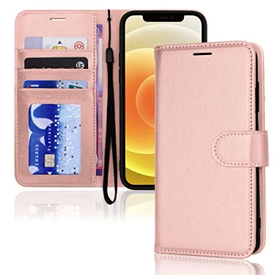 Abbildung von TECHGEAR hülle iPhone 12, 12 Pro Leder PU Flip Schutzhülle Ledertasche [Brieftasche] Handyhülle mit Ständer und Handschlaufe Rose Gold Kompatible 12/12
