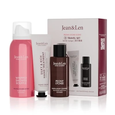 Abbildung von Jean &amp; Len Travel Set Pfingstrose Litschi, ideales kleines Geschenk oder Mitbringsel, Produkte für Körper und Geist, Verpackung ist FSC zertifiziert, kleine Reisegrößen, veganes Geschenkset