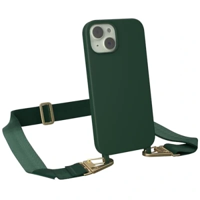Abbildung von EAZY CASE Handykette mit breitem Band kompatibel iPhone 15 dünne Handyhülle für Hülle Silikon stoßfester Fallschutz Kette zum Umhängen in Pinien Grün Clips Gold