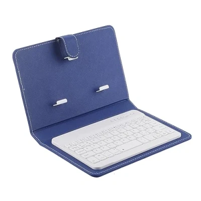 Abbildung von Dpofirs Universelle kabellose Bluetooth Tastatur mit Schutzhülle, tragbarer und Ständer 2 in 1 PU Ledertasche für Unternehmen, geeignet 4,5 &#039;&#039; 6,8 Telefone(Blau)