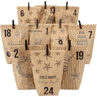 Abbildung von PAPIERDRACHEN befüllbarer Adventskalender DIY 24 Geschenktüten, Zahlenaufkleber &amp; Klammern