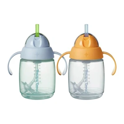 Abbildung von Tommee Tippee Trainer Trinkhalmbecher, 240 ml, Übergangsbecher für Kleinkinder ab sechs Monaten, mit gewichtetem Trinkhalm aus Silikon und leicht zu haltenden Griffen, Blau Orange, 2 Stück