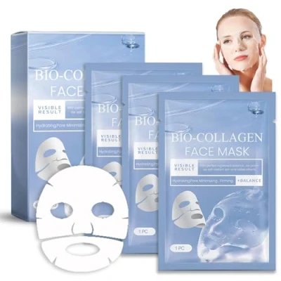 Abbildung von 4 Stück Collagen Maske, Kollagen Sheet Mask mit Hydrolysierten, Overnight, Spendet intensiv Feuchtigkeit und Strafft die Haut (Blau)