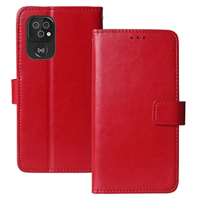 Abbildung von Lankashi Premium Retro Flip Book Stand Brieftasche Leder Tasche Schütz Hülle Handy Telefon Case Für Doro 8100/8100 Plus / 8110/8110 TPU Silikon Abdeckung Wallet Cover Etui Holder (Rot)