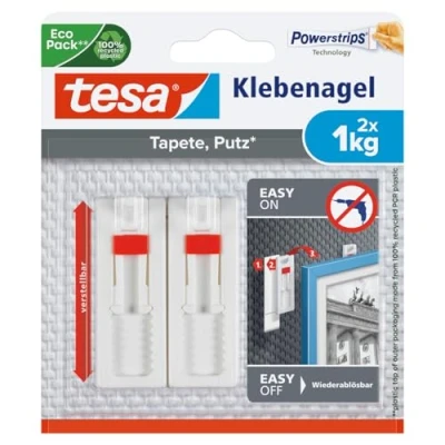 Abbildung von tesa Klebenagel für Tapeten und Putz / Selbstklebende Nägel empfindliche Oberflächen Leicht anzubringen zu entfernen rückstandslos 2 x 1kg Halteleistung