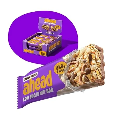 Abbildung von AHEAD Low Sugar Nut Bar Nussriegel Müsliriegel ohne Zuckerzusatz mit Cashewkernen, Salzbrezel &amp; Milchschokolade 12x35g nur 1,7g Zucker pro glutenfreiem Riegel Cashew Pretzel
