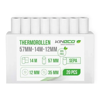 Abbildung von Kineco Ec Cash Kassenrollen 57mm x 14m 12mm Thermorollen, Thermopapier, Bonrollen für Bankomat Kredit Kartenlesegeräte (57x35x12) mit SEPA Lastschrifttext (20 Rollen)