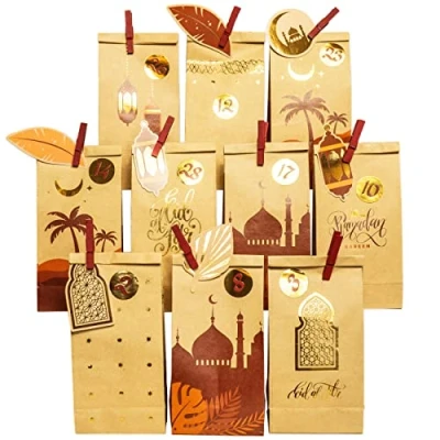 Abbildung von Papierdrachen DIY Ramadan Kalender zum Befüllen für Kinder und Erwachsene Bedruckte Kraftpapiertüten in braun Gold Aufstellen Dekorieren Eid Mubarak wiederverwendbar Set 3