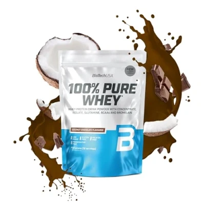 Abbildung von BioTechUSA 100% Pure Whey Proteinpulver mit BCAA und Glutamin Glutenfrei, Palmölfrei 21g Protein pro Portion, 454 g, Kokosnuss Schokolade