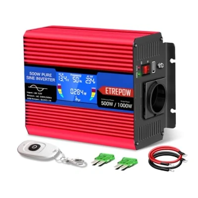 Abbildung von ETREPOW 500w Wechselrichter 12v auf 230v Reiner Sinus Spannungswandler mit 2 USB,Drahtlose Fernsteuerung,LCD Bildschirm Spitzenleistung 1000w Kfz Inverter