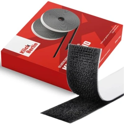 Abbildung von Klick Berlin extra schmales Klettband selbstklebend 1 cm x 8 m Klett Klebeband klebt auf vielen Flächen Klettverschluss 10 mm breit, Meter lang Schwarz
