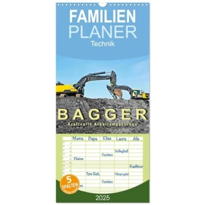 Abbildung von Familienplaner 2025 Bagger kraftvolle Arbeitsmaschinen mit 5 Spalten (Wandkalender, 21 cm x 45 cm), CALVENDO