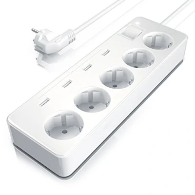 Abbildung von Steckdosenleiste 5 Fach mit 4X USB Ladeports 6,0A Mehrfachsteckdose inkl. Schalter Mehrfachstecker LED Statusanzeige Steckerleiste integriertem Berührungsschutz Weiß