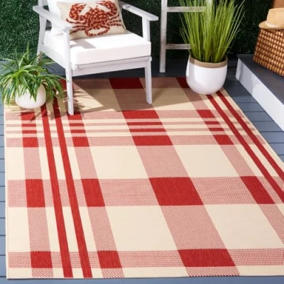 Abbildung von SAFAVIEH Zeitgenössische Teppich für Wohnzimmer, Esszimmer, Schlafzimmer Courtyard Collection, Kurzer Flor, Rot und Knochen, 160 X 231 cm