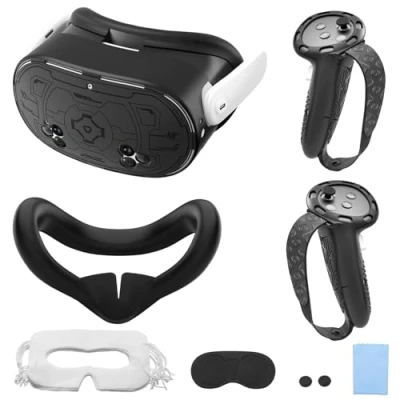 Abbildung von TiMOVO VR zubehör Set für Meta Quest 3S, 6 in 1 Controller Griffe Abdeckung, Shell Gesichtsabdeckung, schützende Linsenabdeckung, Daumenklemmenx2, 10 Einweg Augenabdeckungen, Schwarz