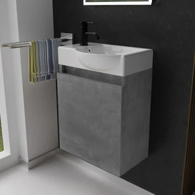 Abbildung von Alpenberger Waschbecken Gäste WC mit Unterschrank Hängeschrank Vormontiert (Badezimmerunterschrank Waschbecken, Waschtisch Set Unterschrank), Waschbeckenunterschrank Betonoptik Bad Möbel