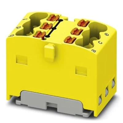 Abbildung von PHOENIX CONTACT PTFIX 6X1,5 YE Verteilerblock, Intern Gebrückt, 450 V, 17,5 A, Anzahl der Anschlüsse 6, Querschnitt 0,14 mm² 2,5 mm², AWG: 26 14, Breite 12,5 mm, Höhe 17,7 Gelb, 20 Stück
