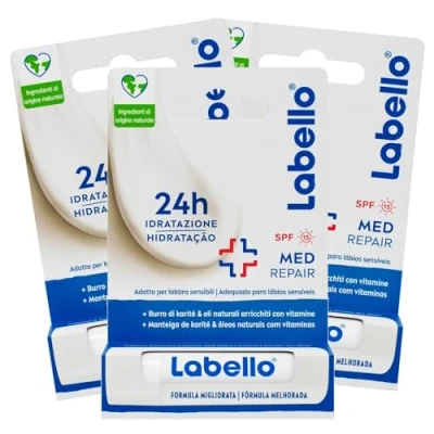 Abbildung von Labello Med Repair Lippenbalsam Feuchtigkeitsspendend und Fondant auf den Lippen repariert mit Sonnenschutz LSF 15 Vitamin E natürlichen Ölen 3 Sticks