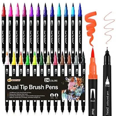 Abbildung von wonsar Dual Brush Pen Set: Filzstifte 24 Farben Dicke und Dünne Pinselstifte Marker Fineliner Aquarell Für Bullet Journal, Malbücher, Handlettering, Mandala stifte Malstifte Kinder Erwachsene