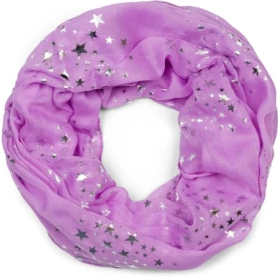 Abbildung von styleBREAKER Damen Loop Schal mit glitzerndem Metallic Sterne All Over Print Muster, Leichter Schlauchschal Einfarbig, Tuch 01016118, Farbe:Flieder