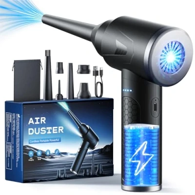 Abbildung von Druckluft Staubgebläse, 100000 RPM Druckluftspray mit 9000mAh Akku, Elektrische 3 Geschwindigkeiten PC Reinigungsset LED Leuchten für Sofa und Auto Reinigung