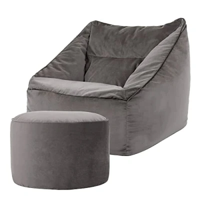 Abbildung von Icon Riesen Sitzsack Sessel „Natalia“ mit Sitzpuff, Anthrazitgrau, Plüsch XXL Erwachsene Füllung für das Wohnzimmer, Riesensitzsack Sofa