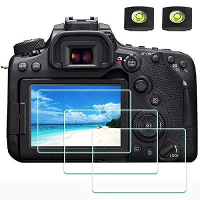 Abbildung von ULBTER 90D Schutzfolie Displayschutzfolie für Canon EOS Kamera &amp; Blitzschuh Abdeckung [2+3 Stück], 0,3 mm 9H Härte Gehärtetes Glas Kratzfest Anti Fingerabdruck Scrach Bubble Staub