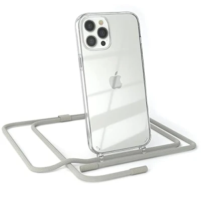Abbildung von EAZY CASE kombinierbare Handyketten kompatibel mit iPhone 12 Pro Max, Transparente Silikon Hülle Umhängeband, abnehmbar durch abschraubbare Endstücke, Hülle, Schultergurt, Taupe