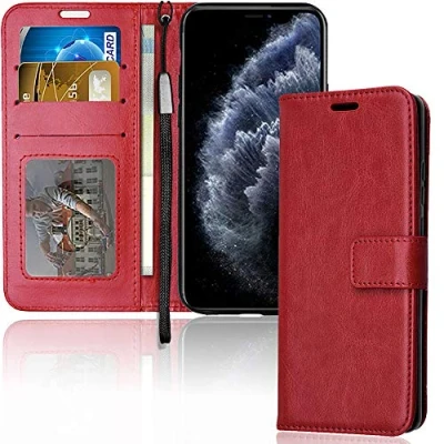 Abbildung von TECHGEAR iPhone 11 Pro Leder hülle PU Flip Schutzhülle Ledertasche [Brieftasche] Handyhülle mit Ständer und Handschlaufe Rot Kompatible 5,8
