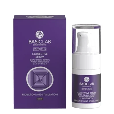 Abbildung von BasicLab Dermocosmetics Emulsion Gesichtsserum mit Retinol, Coenzym Q10 und Vitamin C 30 ml Anti Falten Nachtserum für Frauen