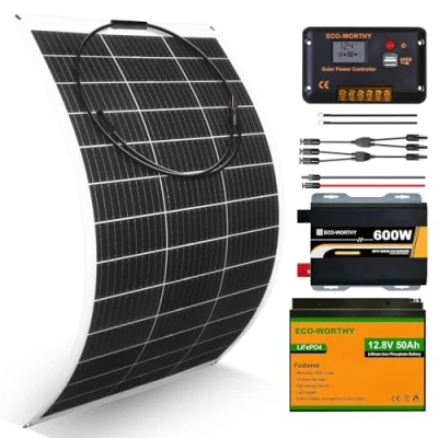 Abbildung von ECO WORTHY 130W 12V Solarpanel Flexibles Komplettes Kit: + 50Ah Litthiumbatterie 600W Sinuswechselrichter 30A PWM Laderegler für Wohnwagen, Wohnmobil, Boot