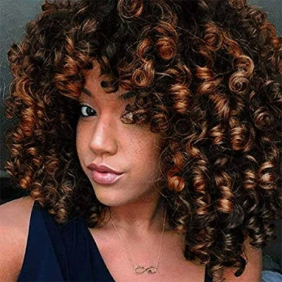 Abbildung von ColorfulPanda Afro Perücke Synthetische Brasilianisches Verworrene Lockige Haar für Frauen, Schwarz Braun gemischt Kinky Curly mit Pony Afrikanische kurze Perücken Schwarze Damen (Schwarz Braun)
