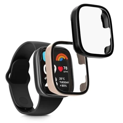 Abbildung von kwmobile 2X Cover kompatibel mit Xiaomi Redmi Watch 3 Active Hülle Fullbody Fitnesstracker Case Set aus Glas Schwarz Altrosa