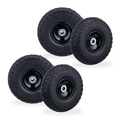 Abbildung von Relaxdays Set of 4 PU Wheelbarrow Tyres Black Stück Schubkarrenreifen Pannensicher Vollgummi 4.1/8.9 10.2 cm 16mm Achse Ersatzrad Schwarz, 70% Gummi 30% Stahl, inches