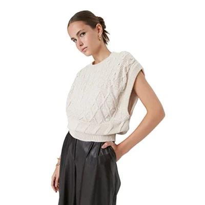 Abbildung von Trendyol Women&#039;s Damen Haarzopf Ärmel Regulär Pullover Sweater, Stone, Medium