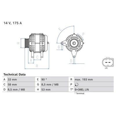 Abbildung von BOSCH 0 986 081 850 Lichtmaschine 14V 175A MERCEDES BENZ: E Klasse Limousine, C T modell, Limousine