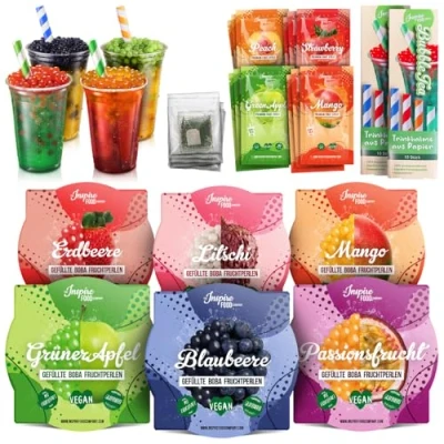 Abbildung von INSPIRE FOOD Bubble Tea Kit 100g Popping Boba (Erdbeere, Mango, Grüner Apfel, Blaubeere, Litschi, Passionsfrucht) 30ml Sirupe (Mango, Erdbeere, Pfirsich, Apfel) Inkl. Strohhalme und Tee