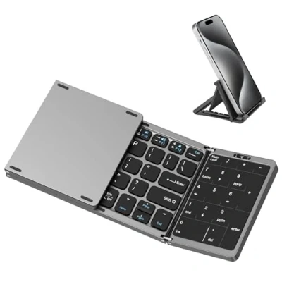 Abbildung von MoKo Faltbare Bluetooth Tastatur, Kabellos Tragbar Tastatur Klappbar mit Touchpad &amp; Ziffernblock, Multi Device Wiederaufladbar für Windows iOS Android Tablet/Handy/Laptop/PC, QWERTY Layout